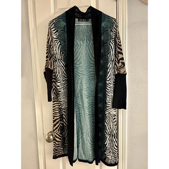 Zozo Long Cardigan Womens L Open Front Zebra Print Cotton Rayon Blend Multicolor - Picture 1 of 10